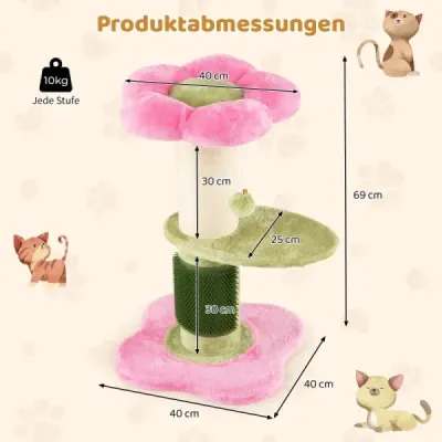 69 cm kvetinový škrabadlo pre mačky s polstrovaným plyšovým sedadlom, malý lezecký stromček, škrabadlo, ružová