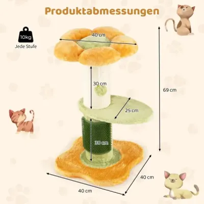 69 cm kvetinový škrabadlo pre mačky s polstrovaným plyšovým sedadlom, malý lezecký stromček, škrabadlo, žltý