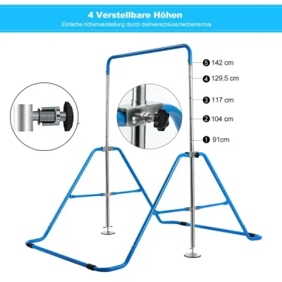 Detská gymnastická hrazda, výškovo nastaviteľná, hrazda 90-130 cm, skladacia, modrá