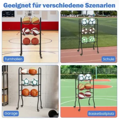 3-úrovňový stojan na lopty s kolieskami a kovovým rámom, organizér na lopty, polica na basketbalový vozík s loptami