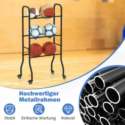 3-úrovňový stojan na lopty s kolieskami a kovovým rámom, organizér na lopty, polica na basketbalový vozík s loptami