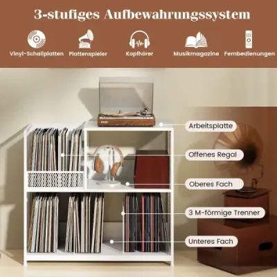 3-poschodový stojan na gramofóny až pre 300 albumov, gramofónový stolík s 3 odnímateľnými prepážkami, biely