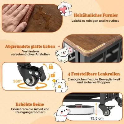 Skladacia búda pre psa s kolieskami, odnímateľným podnosom a uzamykateľnými dverami, bočný stolík/prepravka pre psa 2 v 1