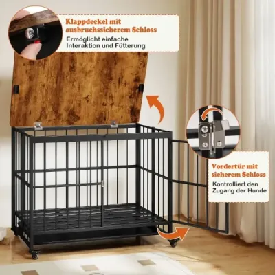 Skladacia búda pre psa s odnímateľným podnosom a kolieskami a uzamykateľnými dverami, 2 v 1 bočný stolík pre psa