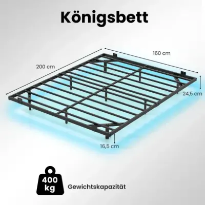 Posteľ veľkosti Queen s LED osvetlením, moderný kovový rám postele, 160 x 200 cm