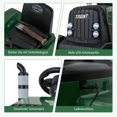 24V detský elektrický traktor s prívesom, elektrické vozidlo s odnímateľným prívesom, diaľkové ovládanie, tmavozelený