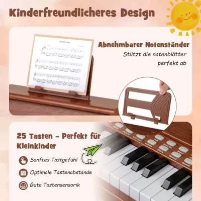 25-klávesové mini digitálne piano pre deti, elektrické piano s nastaviteľnou rýchlosťou, hnedé