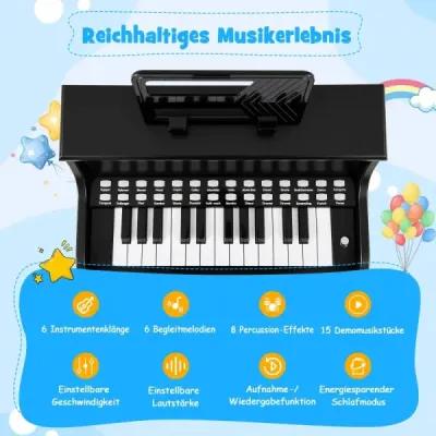 25-klávesové mini digitálne piano so stoličkou, detské piano s nastaviteľnou rýchlosťou, čierne