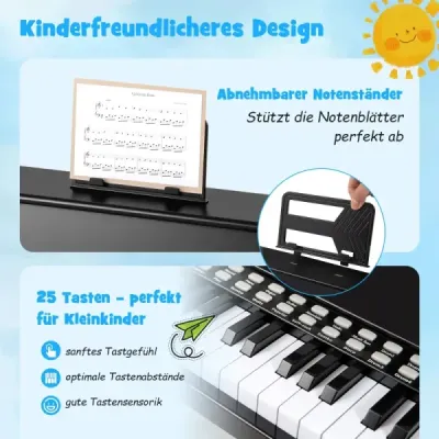 25-klávesové mini digitálne piano so stoličkou, detské piano s nastaviteľnou rýchlosťou, čierne