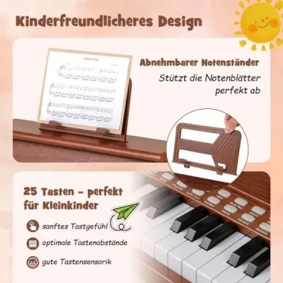 25-klávesové mini digitálne piano so stoličkou, detské piano s nastaviteľnou rýchlosťou, hnedé