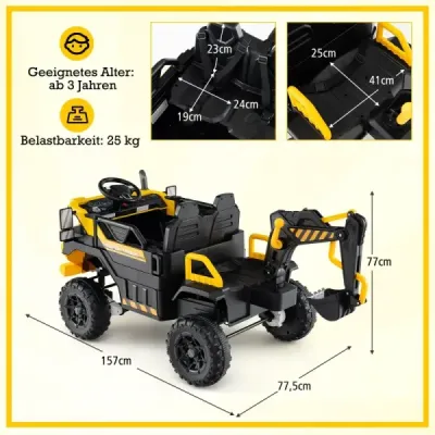 24V elektrický detský šliapací bager s pohonom 4x4 a diaľkovým ovládaním, stavebné vozidlo pre deti od 3 rokov, žltý