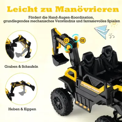 24V elektrický detský šliapací bager s pohonom 4x4 a diaľkovým ovládaním, stavebné vozidlo pre deti od 3 rokov, žltý