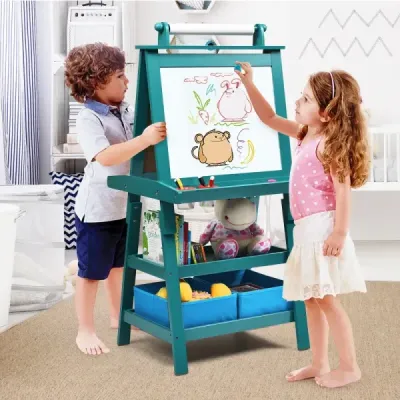 Detský stojan 3 v 1 Detská tabuľa Obojstranná tabuľa a tabuľa a papier na kreslenie 59 x 50 x 117 cm Modrá