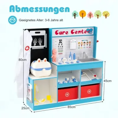 Drevená herná súprava pre lekársku ordináciu s vyšetrovacou plochou, EKG monitorom a röntgenovým filmom, zdravotnícke centrum