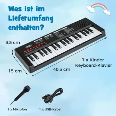 Detský klavírny keyboard, 37 klávesov, prenosný elektrický klavír s 8 rytmami, 8 zvukmi a 22 demami, čierny