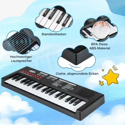 Detský klavírny keyboard, 37 klávesov, prenosný elektrický klavír s 8 rytmami, 8 zvukmi a 22 demami, čierny