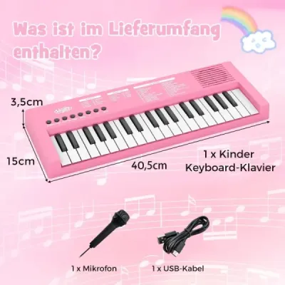 Detský klavírny keyboard, 37 klávesov, prenosný elektrický klavír s 8 rytmami, 8 zvukmi a 22 demami, ružový