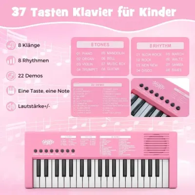 Detský klavírny keyboard, 37 klávesov, prenosný elektrický klavír s 8 rytmami, 8 zvukmi a 22 demami, ružový