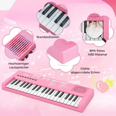 Detský klavírny keyboard, 37 klávesov, prenosný elektrický klavír s 8 rytmami, 8 zvukmi a 22 demami, ružový