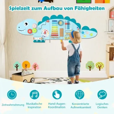 Stena s aktivitami pre batoľatá s dinosaurami, 11 v 1, Montessori drevená senzorická nástenná hračka, modrá
