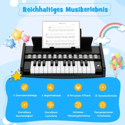 25-klávesová detská mini digitálna piano drevená hračka s nastaviteľnou rýchlosťou čierne