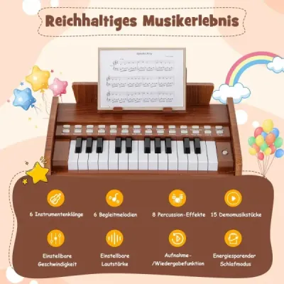 25-klávesová detská mini digitálna piano drevená hračka s nastaviteľnou rýchlosťou hnedé