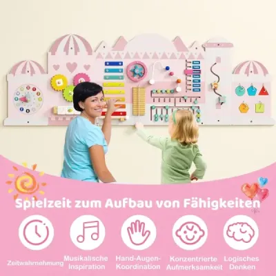 Nástenka s aktivitami pre batoľatá, 11-v-1 Montessori drevená nástenná hračka pre vzdelávanie a rozvoj raného detstva, ružová