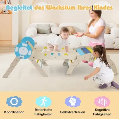3-dielna sada preliezačiek so šmykľavkou, lezeckým oblúkom a sadou stavebných kociek skladací lezecký trojuholník, modrý
