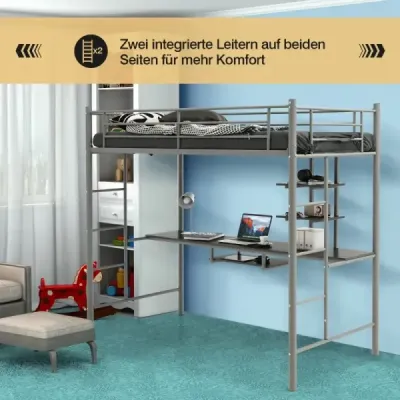 Rám poschodovej postele, vyvýšená posteľ z kovu so stolom, rebríkmi a zábradlím, strieborná