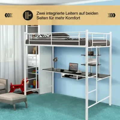 Rám poschodovej postele, vyvýšená posteľ z kovu so stolom, rebríkmi a zábradlím, biela