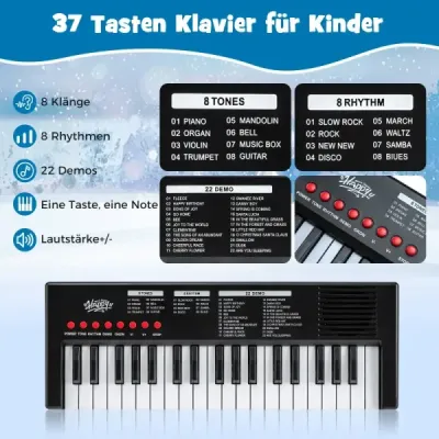 Detský klavírny keyboard, 37 klávesov, prenosný elektrický klavír s 8 rytmami, 8 zvukmi a 22 demami, čierny