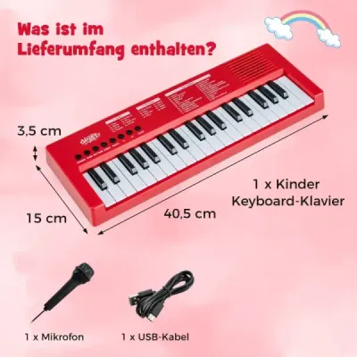 Detský klavírny keyboard, 37 klávesov, prenosný elektrický klavír s 8 rytmami, 8 zvukmi a 22 demami, červený