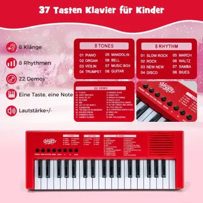 Detský klavírny keyboard, 37 klávesov, prenosný elektrický klavír s 8 rytmami, 8 zvukmi a 22 demami, červený