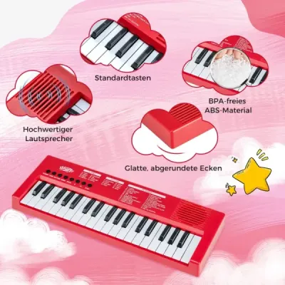 Detský klavírny keyboard, 37 klávesov, prenosný elektrický klavír s 8 rytmami, 8 zvukmi a 22 demami, červený