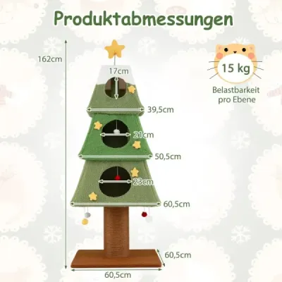Veľký vianočný stromček pre mačky v interiéri 162 cm, roztomilá mačacia veža, zelená