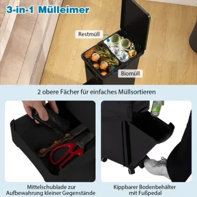 Multifunkčný odpadkový kôš, kuchynský odpadkový kôš s výklopným dnom, čierny