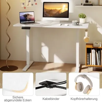 120 x 60 cm výškovo nastaviteľný stôl s háčikmi, elektrický stôl na státie, biely