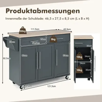Kuchynský vozík na kolieskach so zásuvkami, servírovací vozík, kuchynský vozík, bočný vozík, sivý