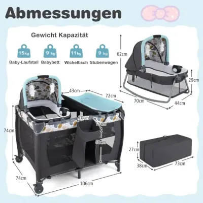 Skladacia cestovná postieľka a ohrádka prenosná detská postieľka s detskou kolískou prebaľovací pult hrací oblúk  modrý