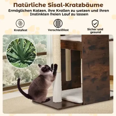 120 cm vysoké drevené škrabadlo pre mačky so sisalovými škrabadlami a závesnými loptičkami Strom pre mačky Rustikálna hnedá