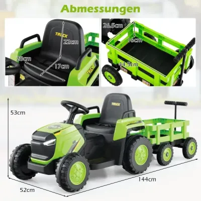 Detské elektrické vozidlo s odpojiteľným prívesom a diaľkovým ovládaním zelený posuvný traktor
