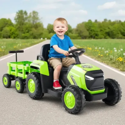 Detské elektrické vozidlo s odpojiteľným prívesom a diaľkovým ovládaním zelený posuvný traktor