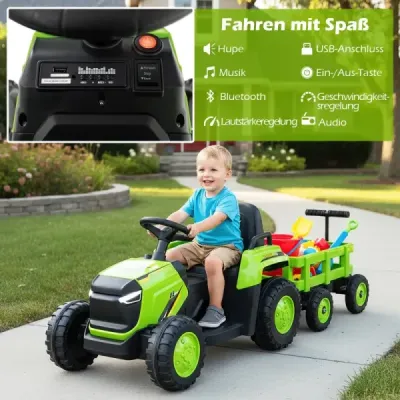 Detské elektrické vozidlo s odpojiteľným prívesom a diaľkovým ovládaním zelený posuvný traktor