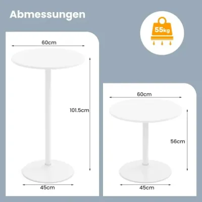 Sada 2 stolov Ø 60 cm vysoký stôl 2 v 1 barový stôl a jedálenský stôl Výškovo nastaviteľný bistro stôl biely