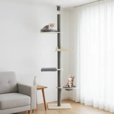 236-271 cm vysoký stropný strom pre mačky s hojdacou sieťou a košom a posteľou 5-poschodový strom pre mačky sivý