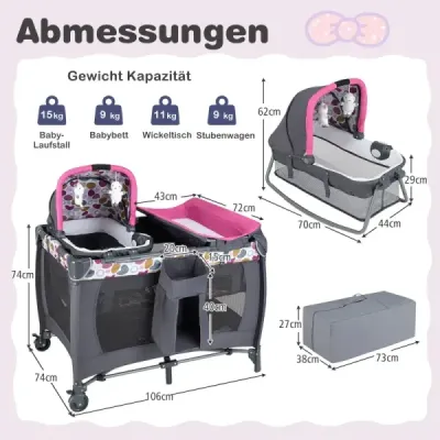 Skladacia cestovná postieľka a ohrádka Prenosná detská postieľka s detskou kolískou Prebaľovací stôl Hrací oblúk Hudobný box