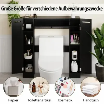 Polička nad WC Voľne stojaca kúpeľňová skrinka s nastaviteľnými policami Držiak na toaletný papier čierny