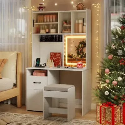 Toaletný stolík s osvetlením LED a stoličkou a zásuvkami Kozmetický stolík biely