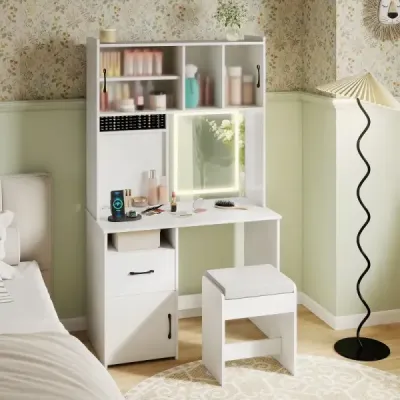 Toaletný stolík s osvetlením LED a stoličkou a zásuvkami Kozmetický stolík biely