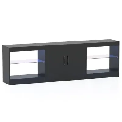 TV skrinka 3 v 1 pre televízory s uhlopriečkou do 85 palcov  s LED osvetlením a nastaviteľnými sklenenými policami Čierna